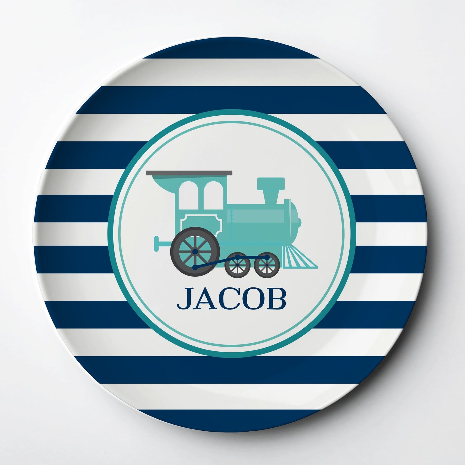 Personalized Train Plate, ThermoSāf® kids reusable plate, microwave, dishwasher and oven safe. Made in the USA, Pipsy.com