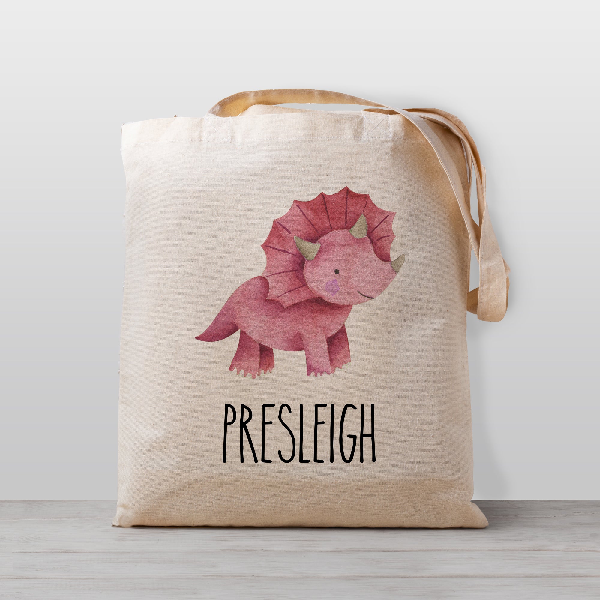 Pink Triceratops Dinosaur tote bag, personalized with your child's name, 100% Cotton Canvas