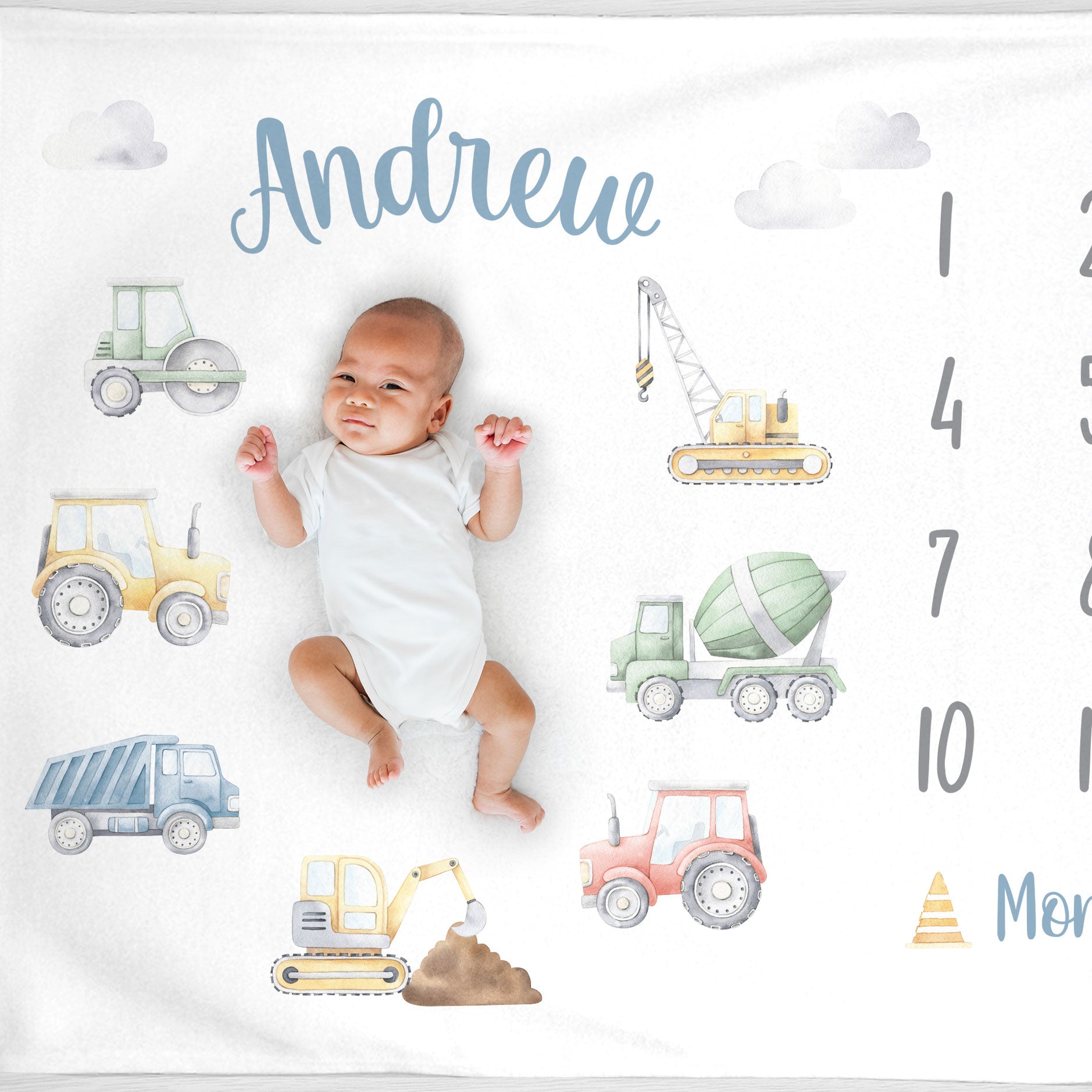 Truck Milestone Blanket for baby boys, featuring construction vehicles (backhoe, crane, tractor, steam roller, dump truck, and cement mixer), Personalized from Pipsy.com