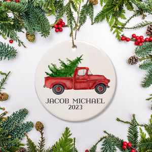 Personalized Christmas Ornament with a red pickup truck and a Christmas tree, perfect keepsake gift for your little one, Ceramic with a gold string, free gift box