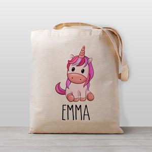 pink unicorn tote bag, personalized, 100% natural cotton canvas, great for daycare, preschool, or library trips