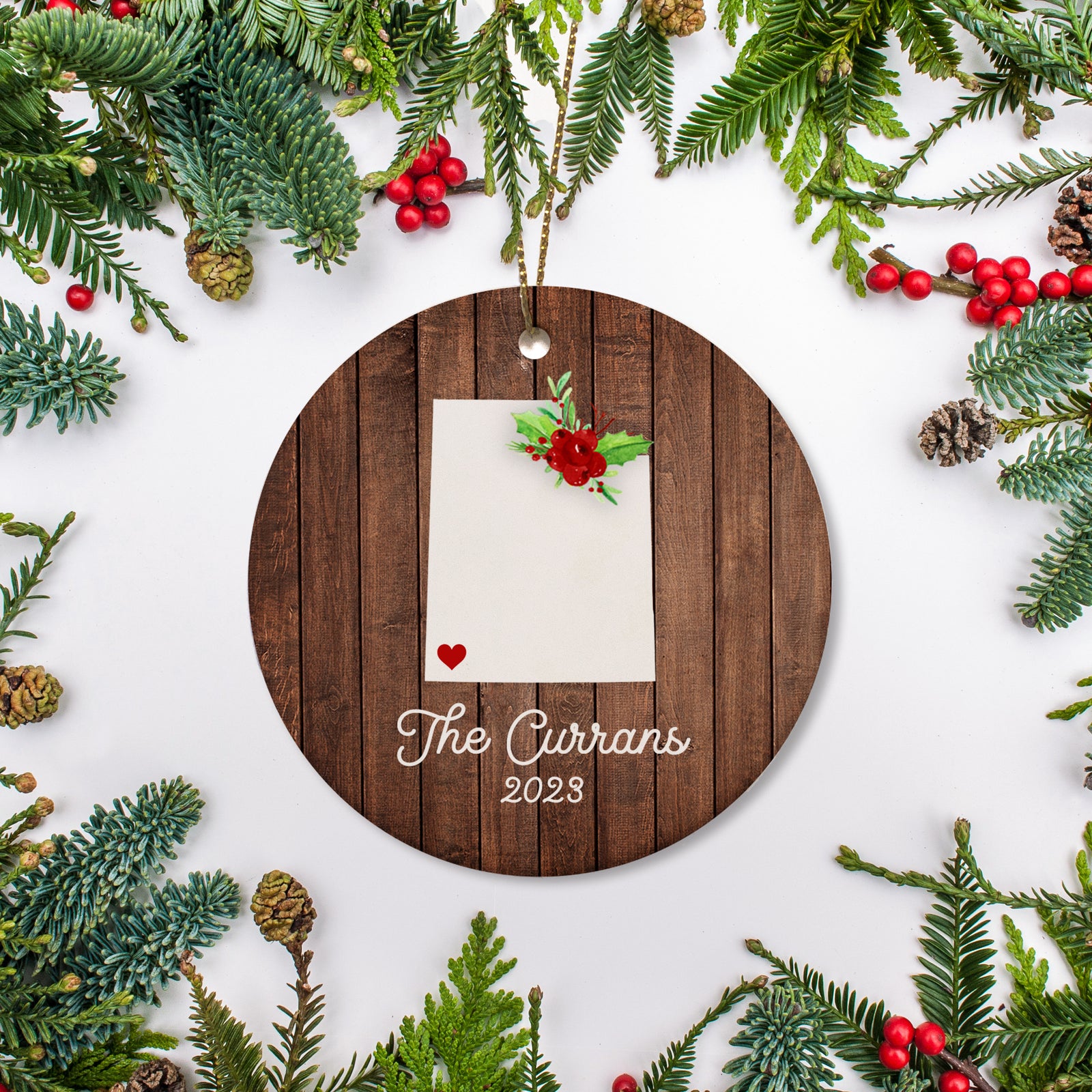 Utah state christmas ornament. Personalized with your name, city, and year. Ceramic keepsake ornament with a gold hanging string. Great for a college student, new home owners, just moved, or vacation memory