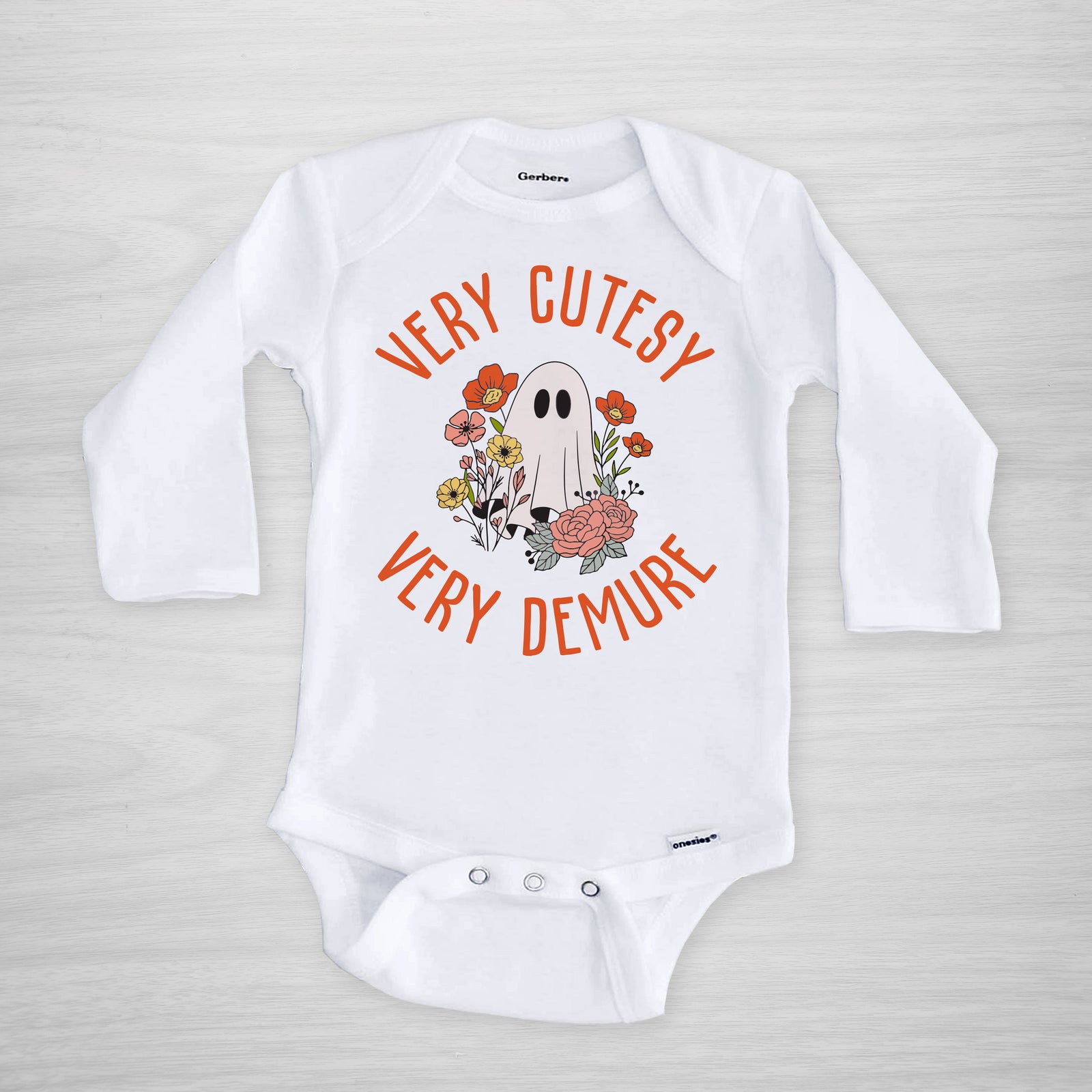 "Very Cutesy, Very Demure" Halloween Gerber onesie®. Perfect for your boo-tiful baby girl. long sleeved