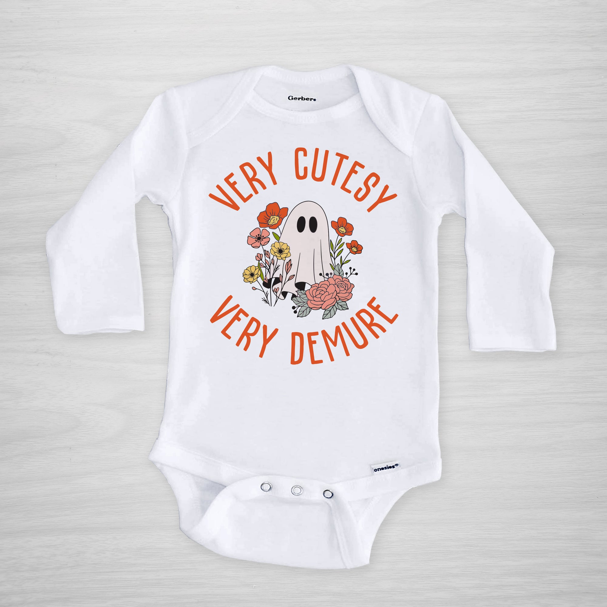 "Very Cutesy, Very Demure" Halloween Gerber onesie®. Perfect for your boo-tiful baby girl. long sleeved