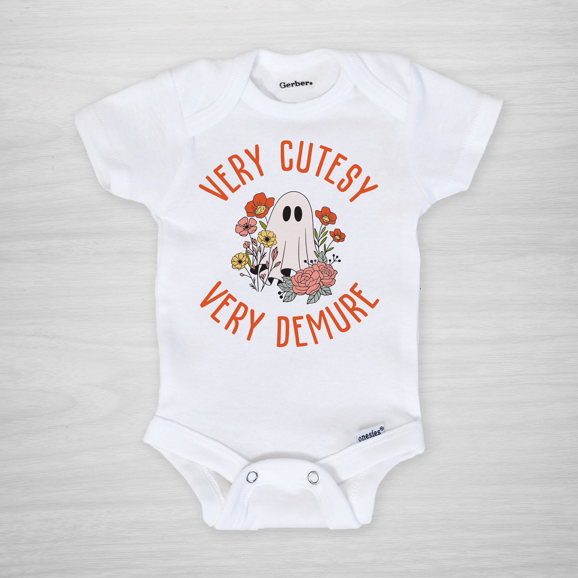 "Very Cutesy, Very Demure" Halloween Gerber onesie®. Perfect for your boo-tiful baby girl. short sleeved