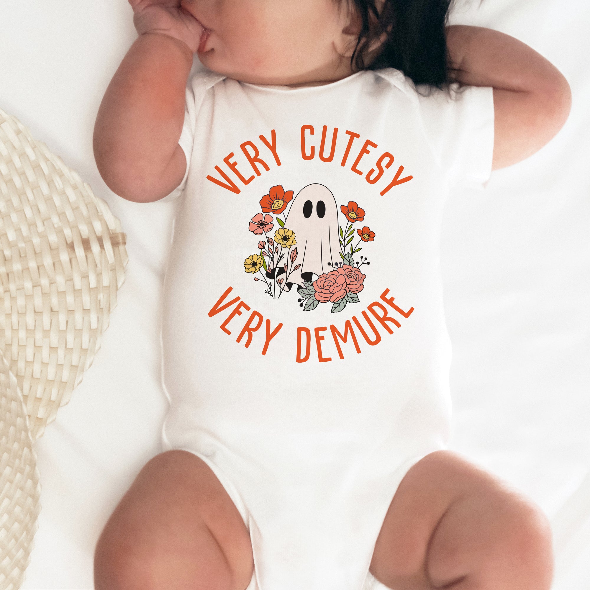 "Very Cutesy, Very Demure" Halloween Gerber onesie®. Perfect for your boo-tiful baby girl. long sleeved