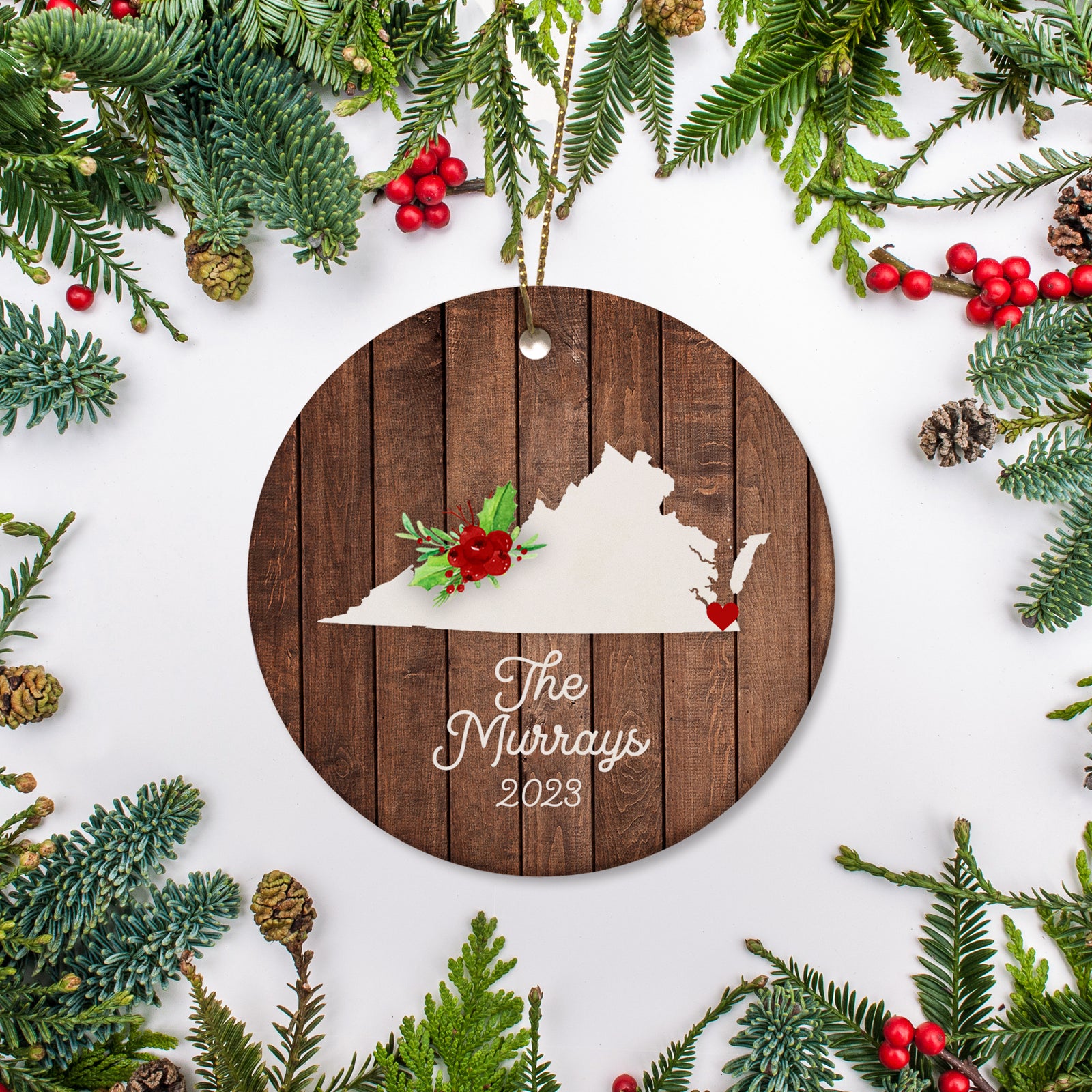 Virginia state christmas ornament. Personalized with your name, city, and year. Ceramic keepsake ornament with a gold hanging string. Great for a college student, new home owners, just moved, or vacation memory