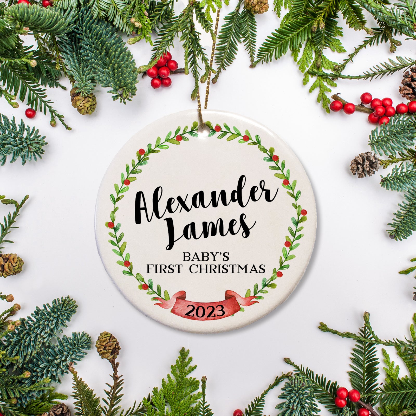 Watercolor Holly Wreath Personalized Christmas ornament | Keepsake gift | name and year of baby's first Christmas | Pipsy.com