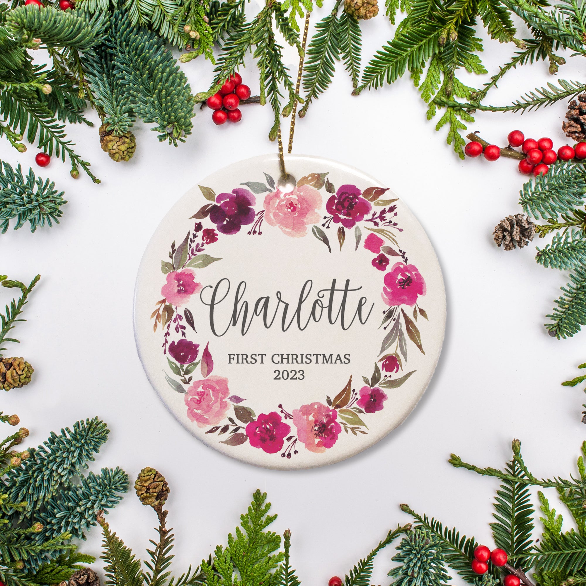 Watercolor Wreath Pinks personalized Christmas Ornament |Baby's first Christmas | Pipsy.com