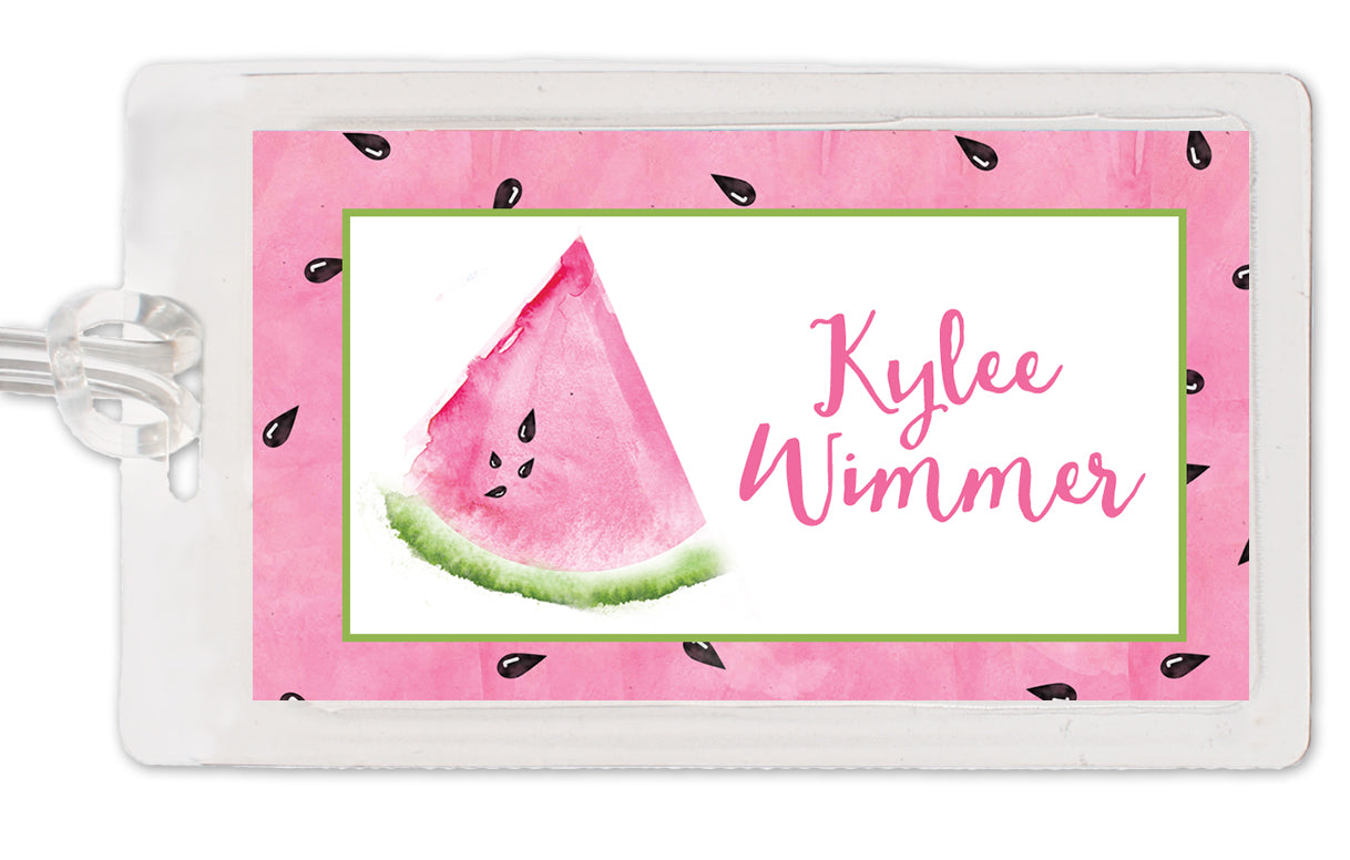 Bag tag with watermelon design and personalized,  on a pink background with cute watermelon seeds