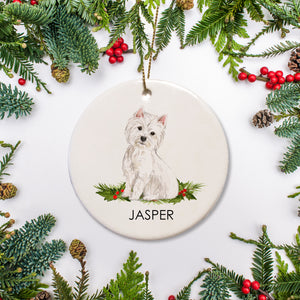 Westie personalized Dog Christmas ornament. White west sitting on a festive pine branch with holy. Personalize with name and year of your choice | Pipsy.com, West Highland White Terrier