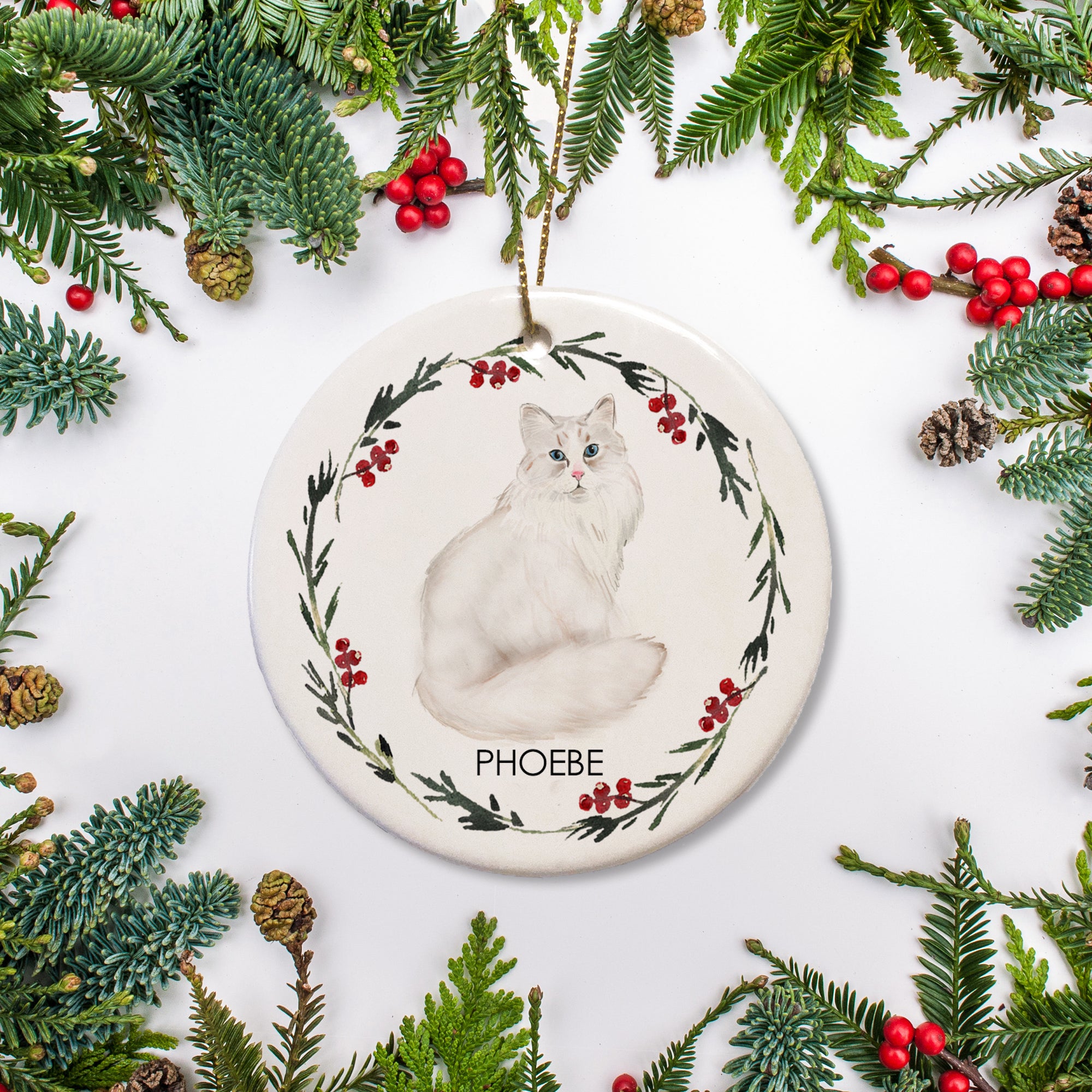 This beautiful Christmas ornament features a white Siberian cat personalized with your pet's name. Perfect for a special pet remembrance, or celebrating your kitten's first Christmas, it's the perfect gift for any cat lover! If you want to make it extra personal, we can add a message to the back with adoption dates, favorite toys, or a sweet quote.