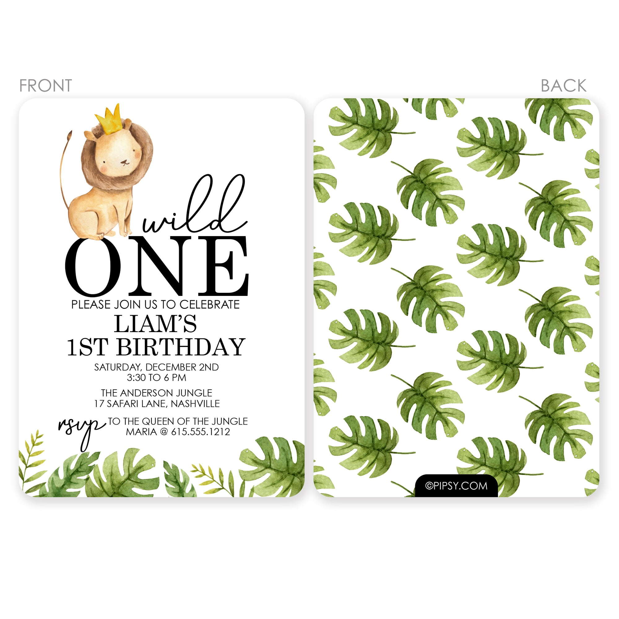 Wild ONE first birthday invitations, printed on thick cardstock, two sided printing, rounded corners, includes envelopes, front and back view