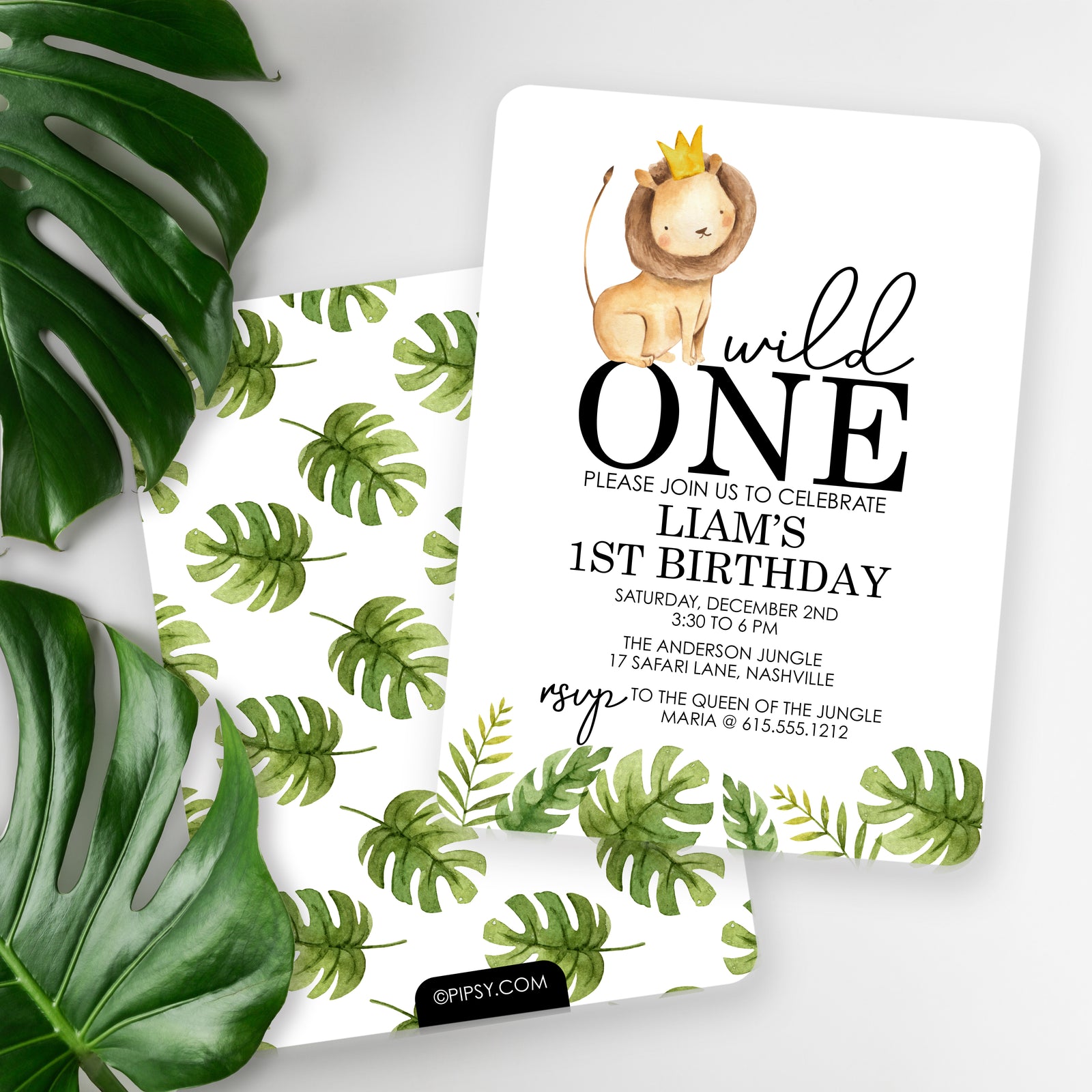 Wild ONE first birthday invitations, printed on thick cardstock, two sided printing, rounded corners, includes envelopes