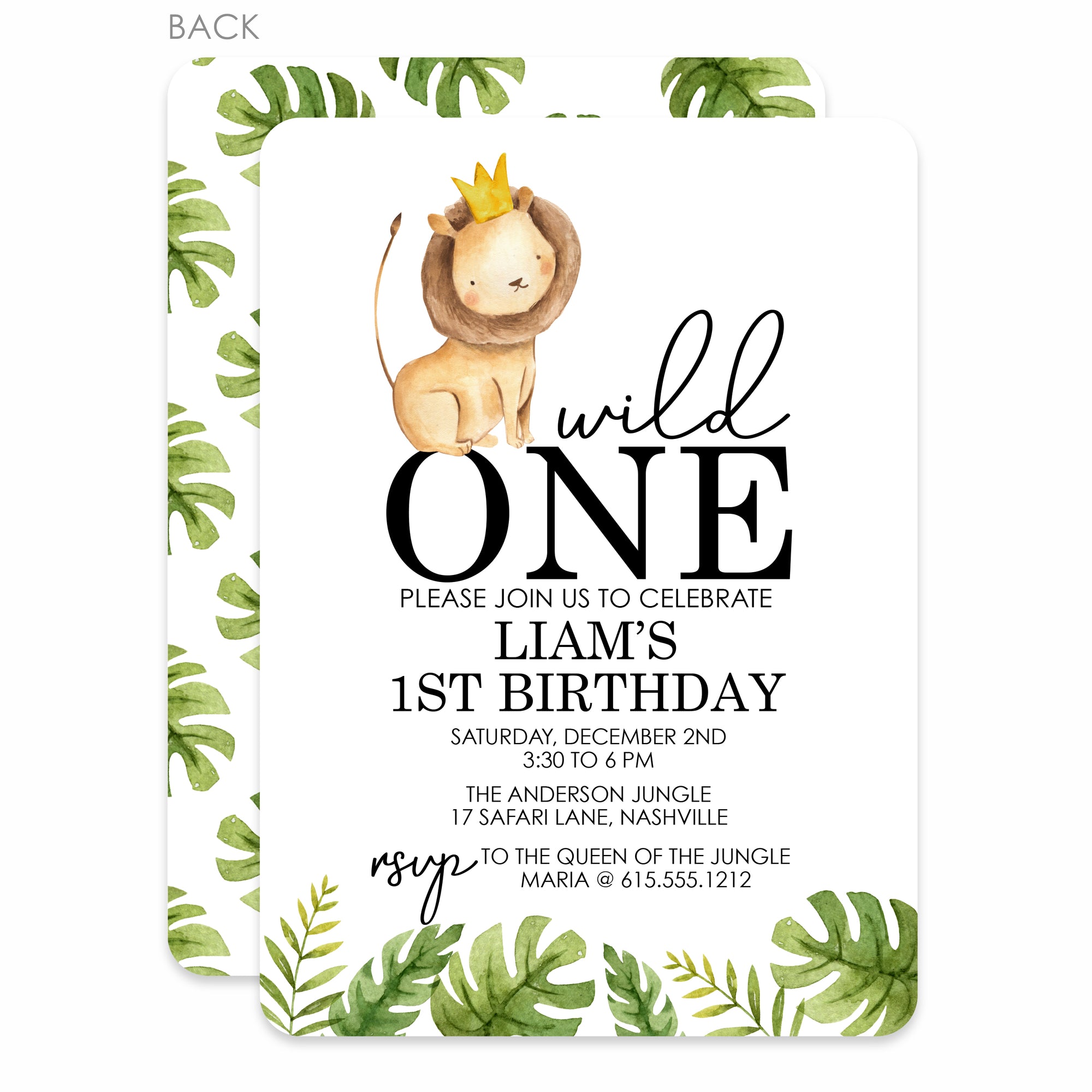 Wild ONE first birthday invitations, printed on thick cardstock, two sided printing, rounded corners, includes envelopes