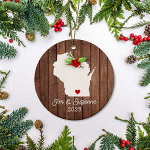 Wisconsin state christmas ornament. Personalized with your name, city, and year. Ceramic keepsake ornament with a gold hanging string. Great for a college student, new home owners, just moved, or vacation memory