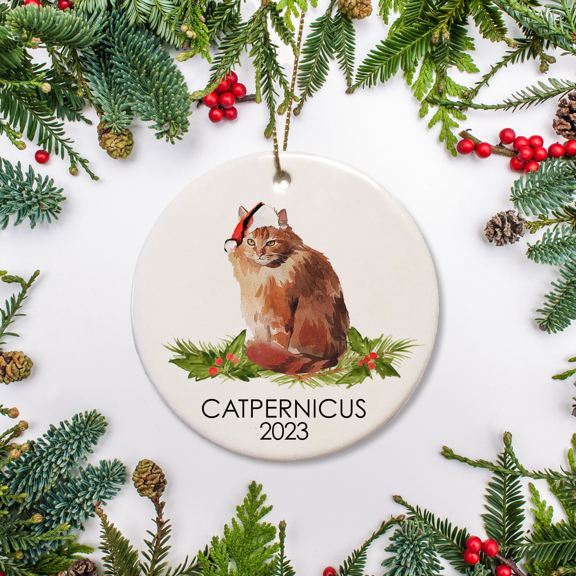 Yellow long hair cat Christmas ornament, featuring a blonde Norwegian Forest Cat, Personalized