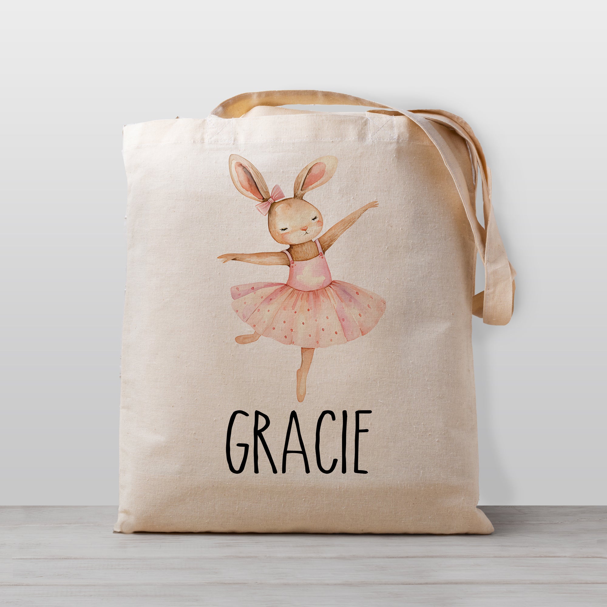 A personalized ballet tote bag, featuring a sweet ballerina bunny. Perfect for carrying your little ballerina's gear to dance class.