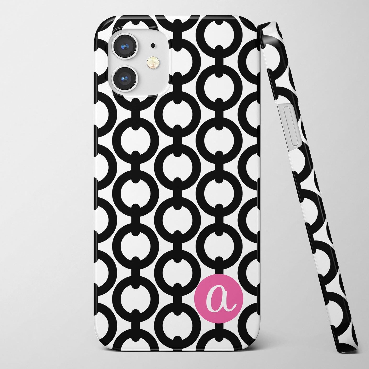 Premium iPhone case with a modern chain pattern, personalized with your initial, Pipsy.com