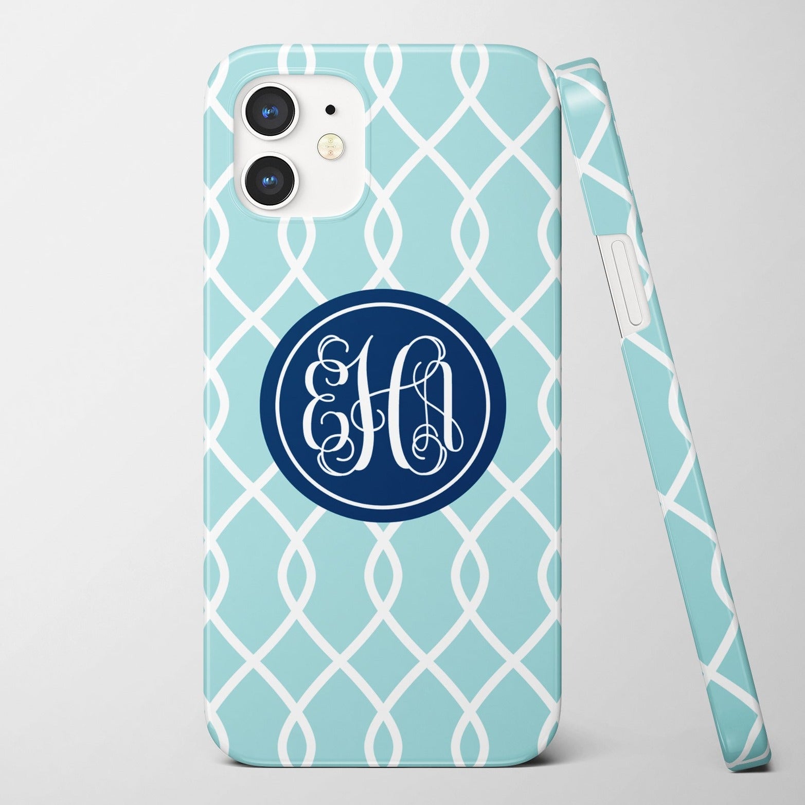 Monogrammed iPhone case with  chain link pattern, colors can be customized