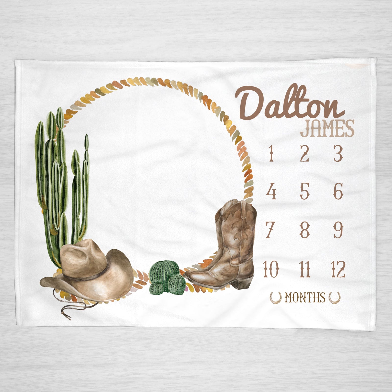 Our snuggly personalized baby milestone blanket features a western theme for your little cowboy&nbsp; western theme. This blanket makes a wonderful baby shower gift.