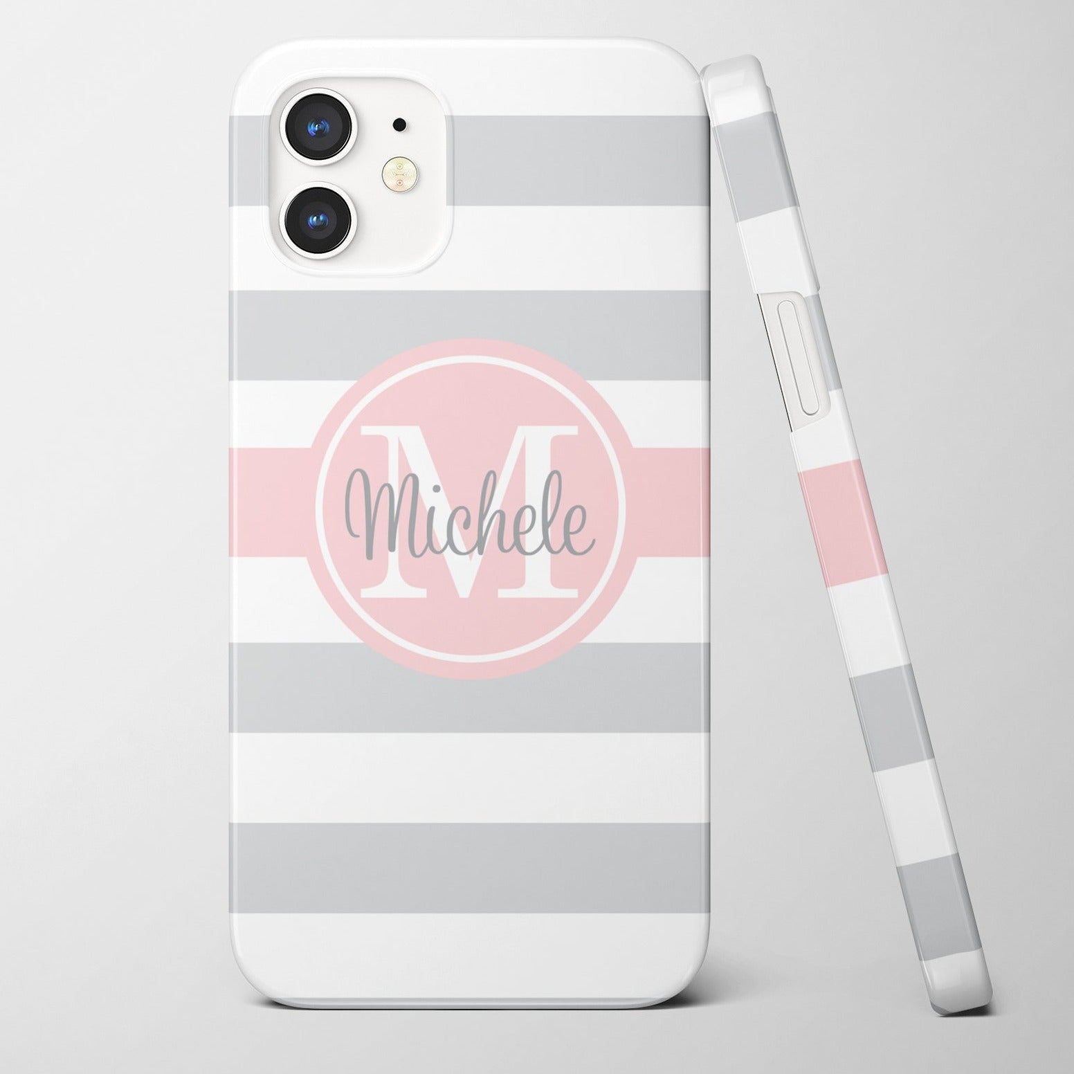 Pink and gray striped iphone case with name and initial, choose any color combiination, iPhone 15 Pro Max Plus