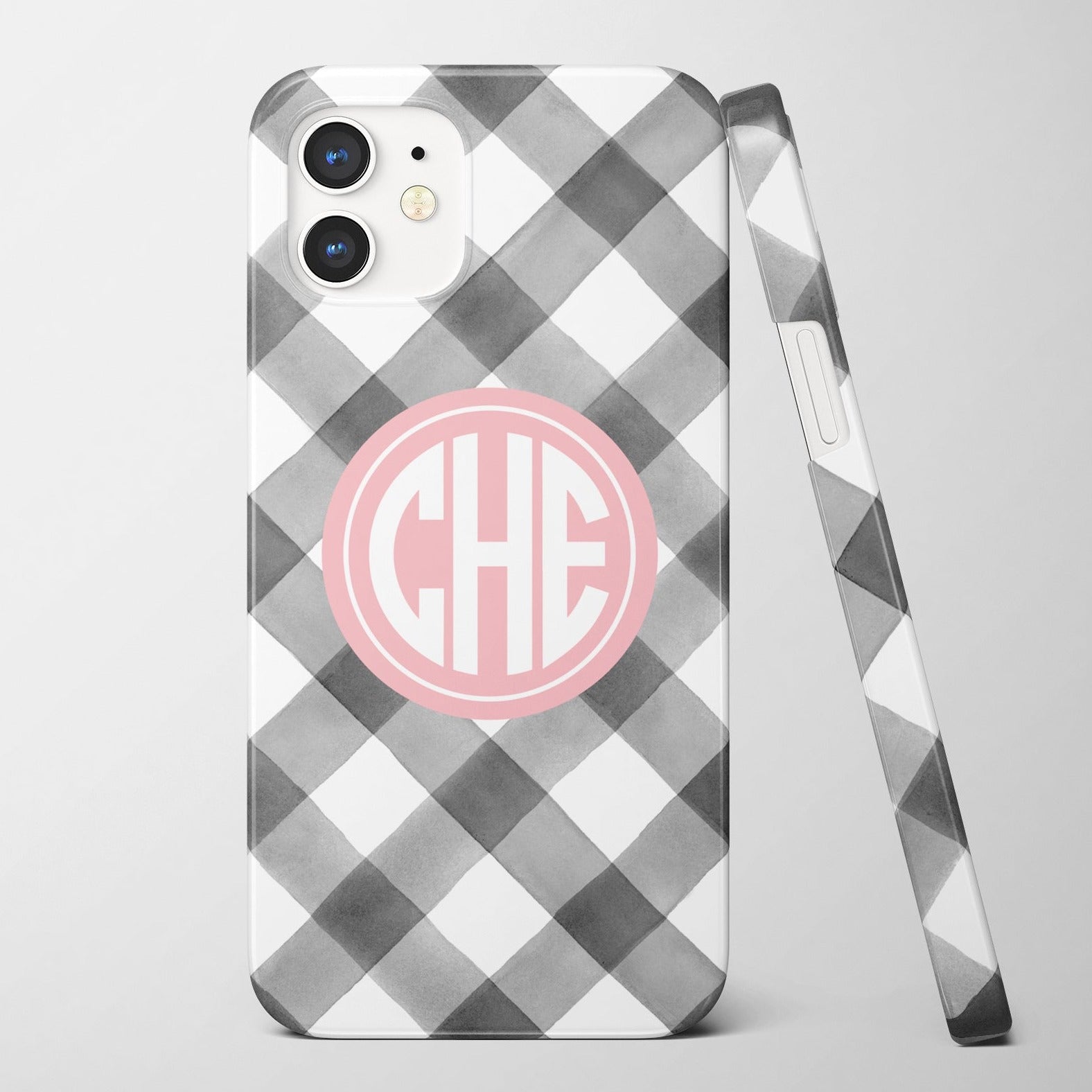 Monogram iPhone case with Gingham pattern in  a soft gray, monogram color can be customized