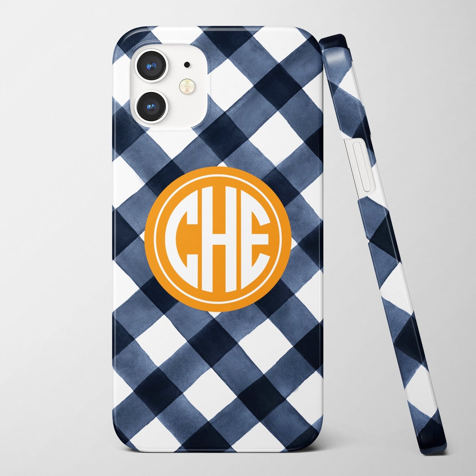 Monogram iPhone case with watercolor gingham background. colors can be customized