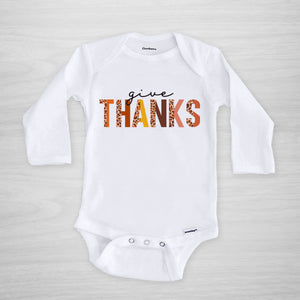 Give Thanks Onesie for Thanksgiving. Cute design with leopard accents, long sleeved