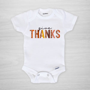 Give Thanks Onesie for Thanksgiving. Cute design with leopard accents, short sleeved