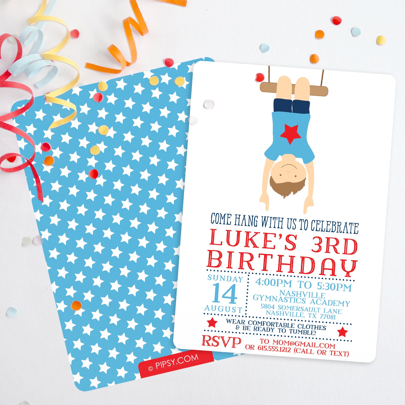 Gymnastics Birthday Party Invitation - colors can be customized and we can change hair, eye, and skin color