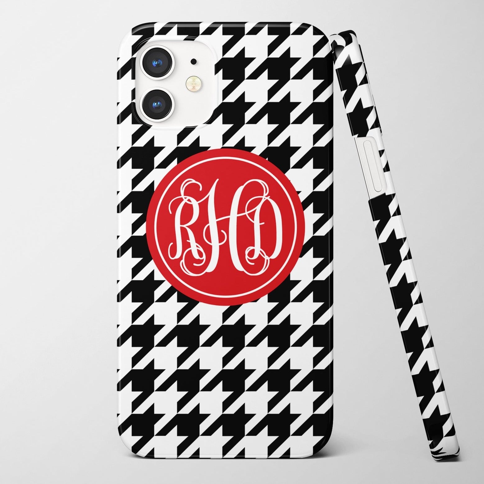 iPhone 15 houndstooth case with red monogram, you can chose custom color schemes. Also available for earlier iPhone models
