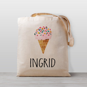 Personalized library book bag, with pink strawberry ice cream cone and sprinkles. 100% natural cotton canvas
