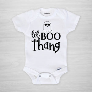 lil boo thang onesie with a cute ghost in aviator sunglasses. Printed in our Nashville studio short sleeved