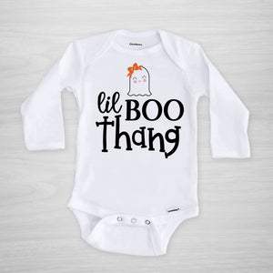 "Lil Boo Thang" Gerber onesie® with a cute ghost wearing a hair bow. Perfect for your little one's first Halloween. long sleeved