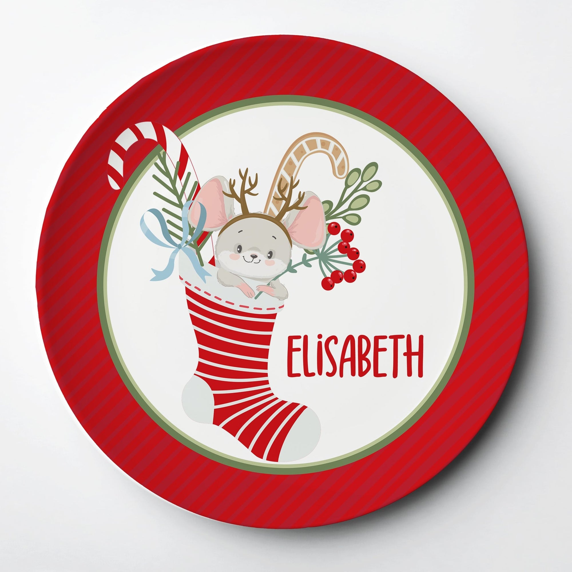 mouse in a stocking Christmas Personalized Kid's plate for Christmas, Blue, Thick polymer, dishwasher and microwave safe