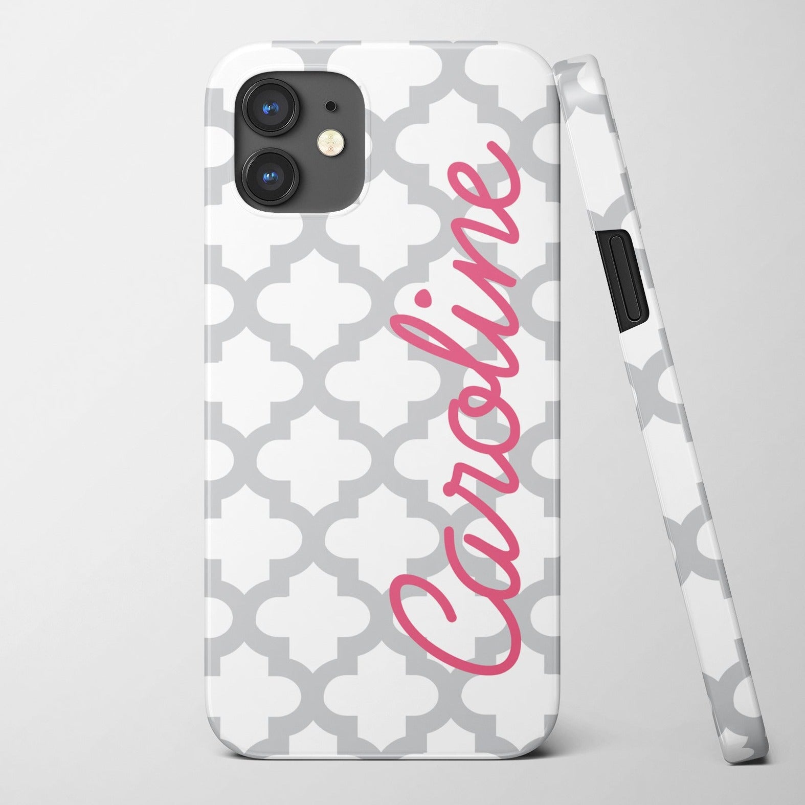 Personalized iphone case for women, gray quatrefoil pattern with hot pink name, choose  snap or tough case, colors can be customized