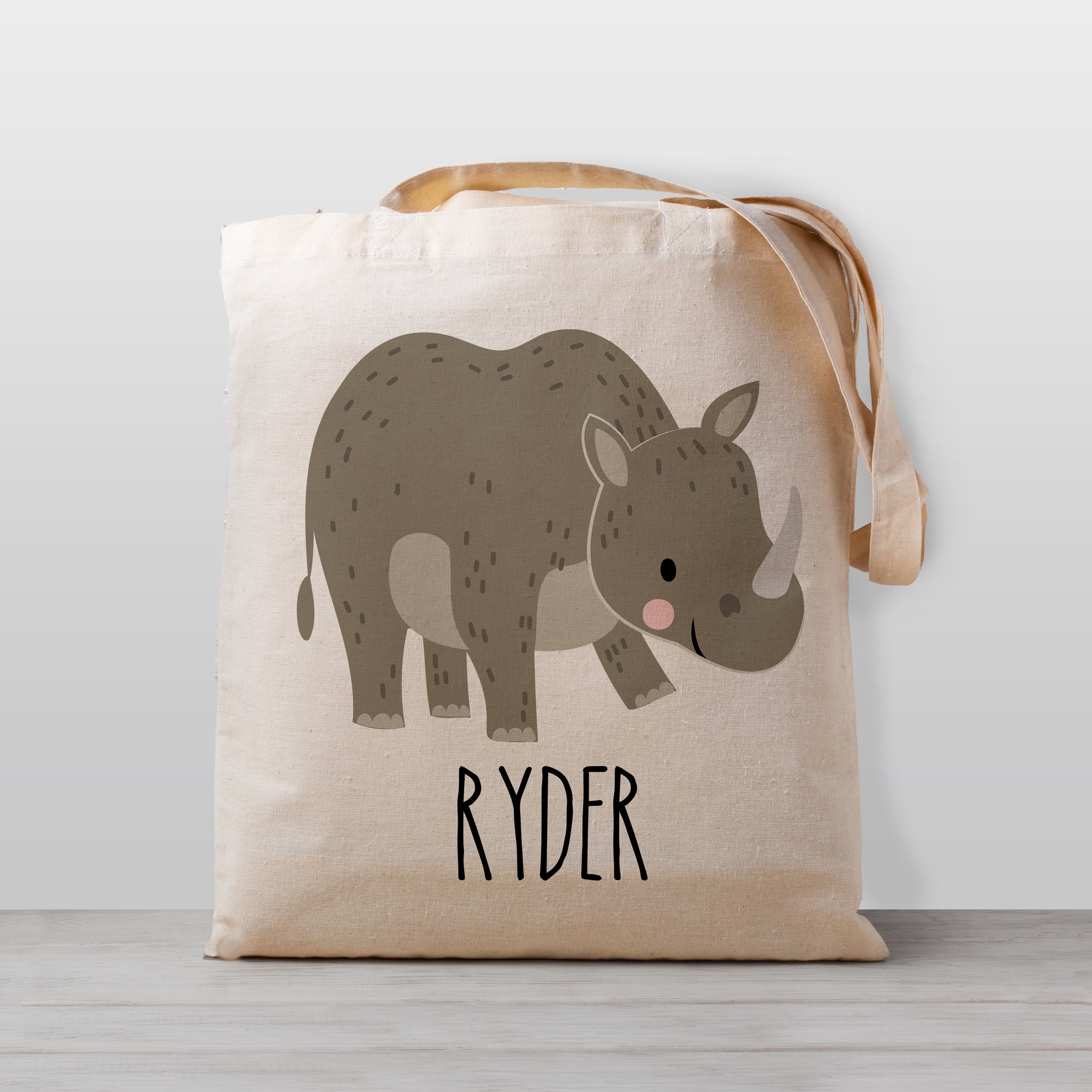 Rhinoceros personalized tote bag for kids, 100% cotton canvas, great for preschool, daycare, kindergarten, or as a library book bag