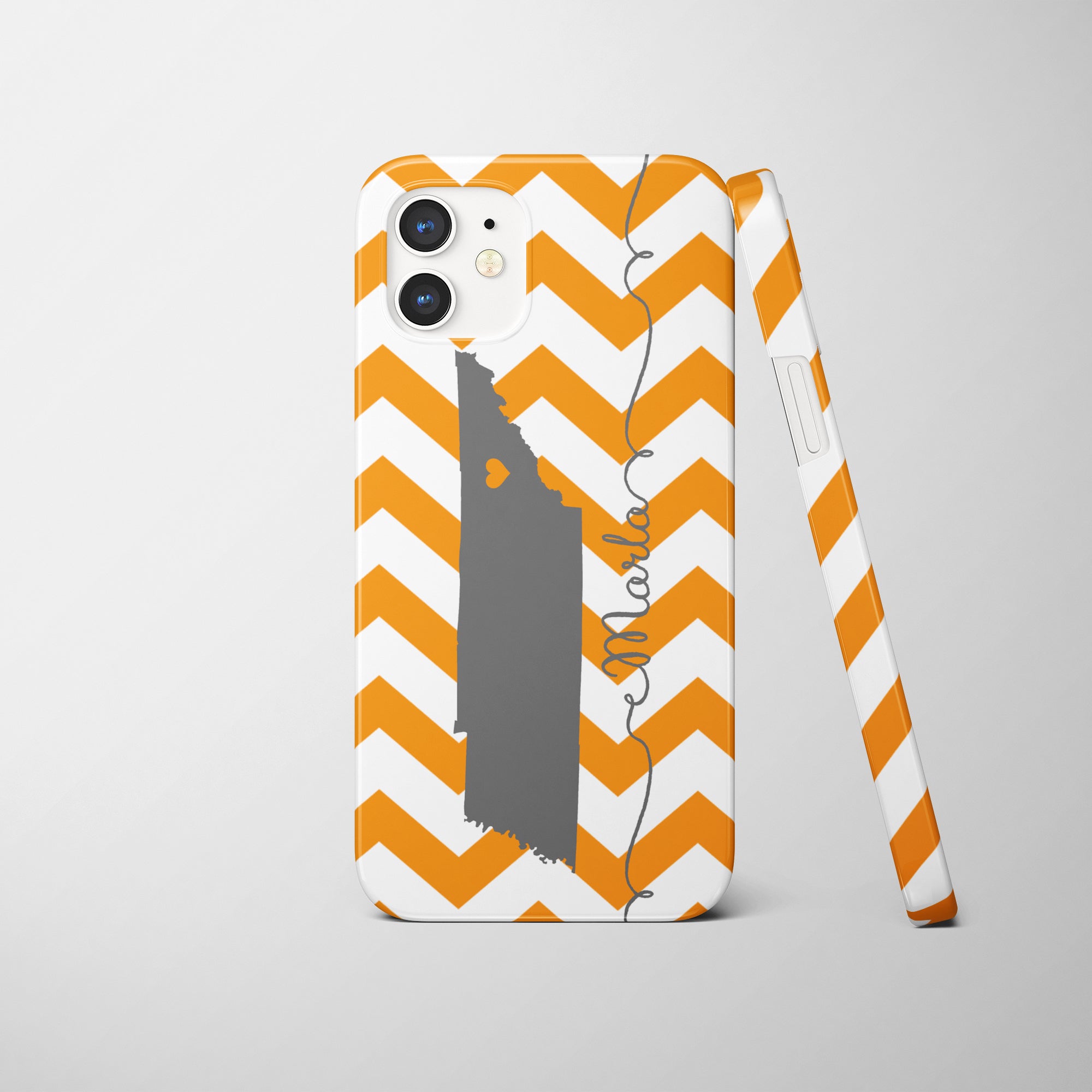Personalized Tennessee iPhone case, with chevron stripes and a heart placed over your favorite city. The sample shows a heart over Knoxville, but that can be moved to any other city like Nashville, Memphis, or Chattanooga