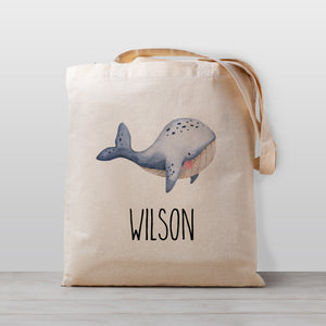 Blue whale tote bag, personalized with your child's name, 100% natural cotton canvas