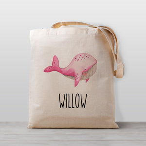 Pink Whale Personalized Kids Tote Bag, includes your child's name, 100% cotton canvas, great for daycare or preschool