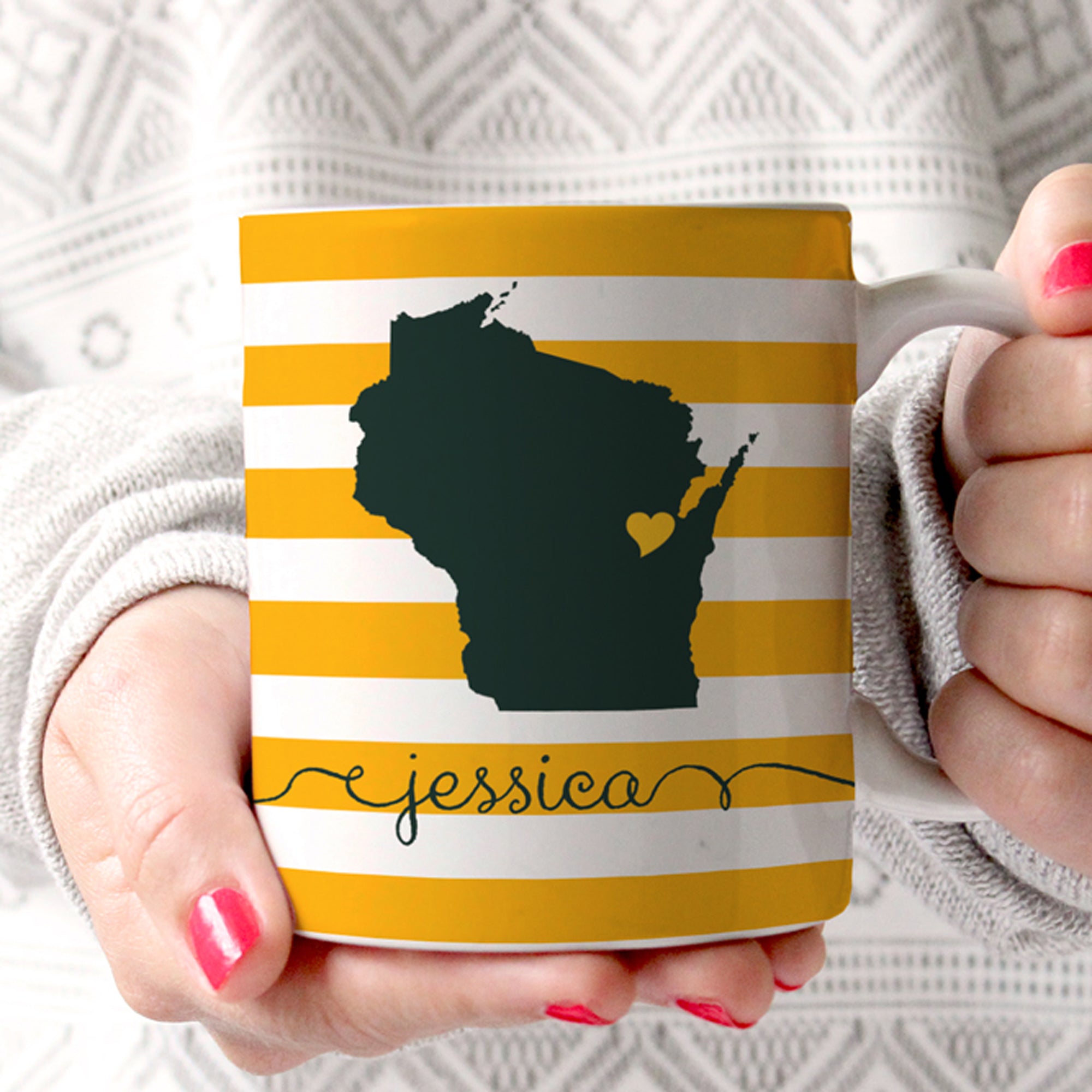 Wisconsin coffee mug with stripes. personalized with a name and a heart over the city of your choice. colors can be changed
