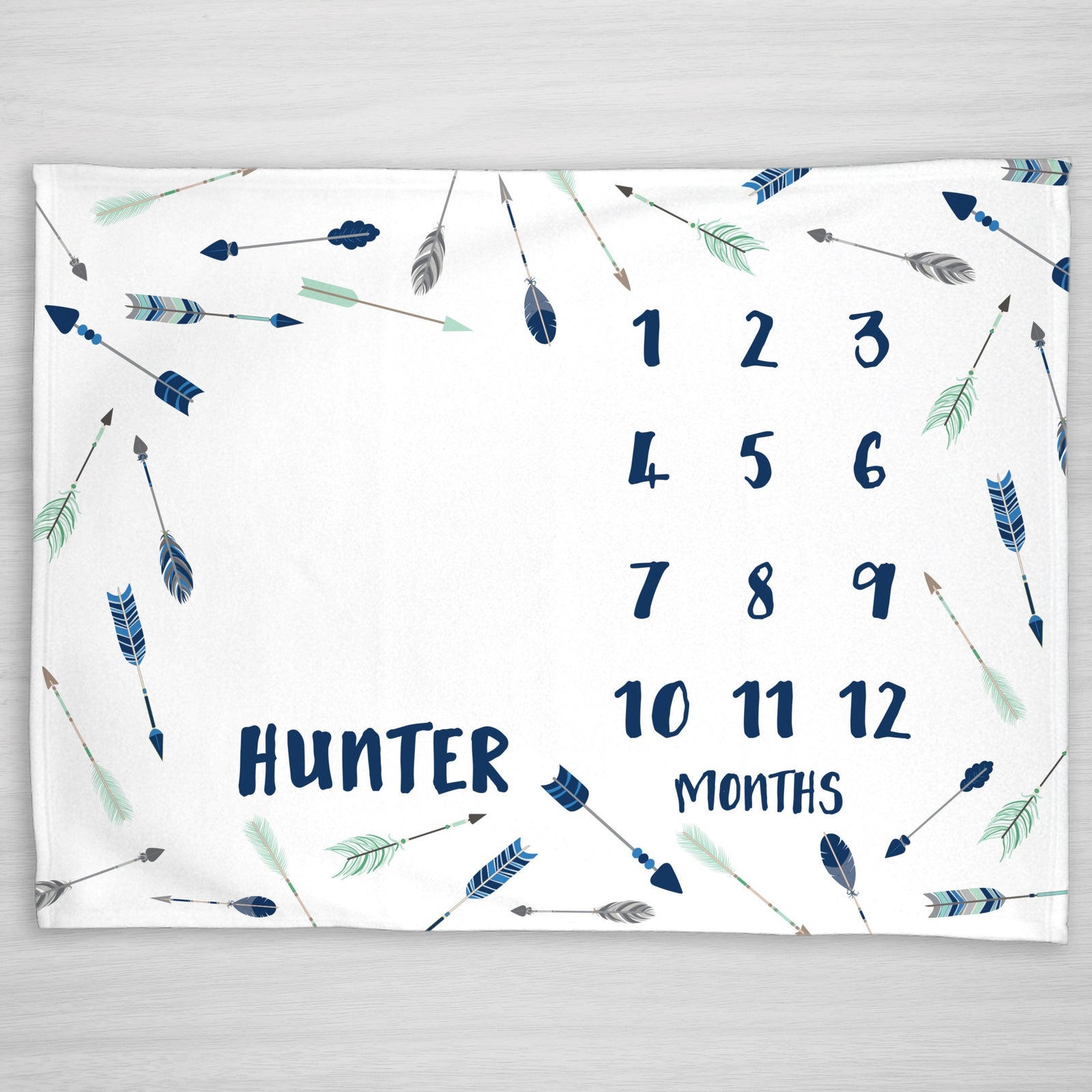 Arrows Milestone Baby boy blanket in Navy and Mint, Pipsy.com