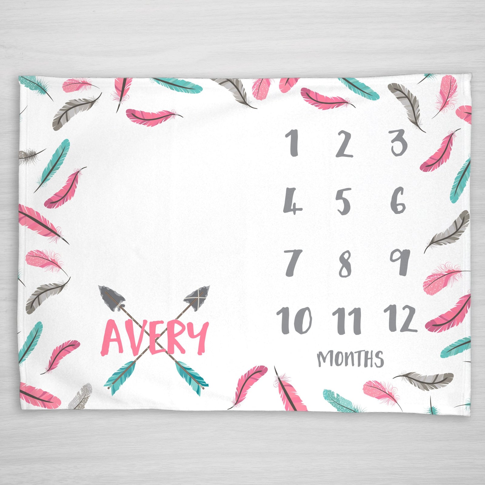 Girl Feathers and Arrows Baby Milestone Blanket, pink and aqua with crossed arrows