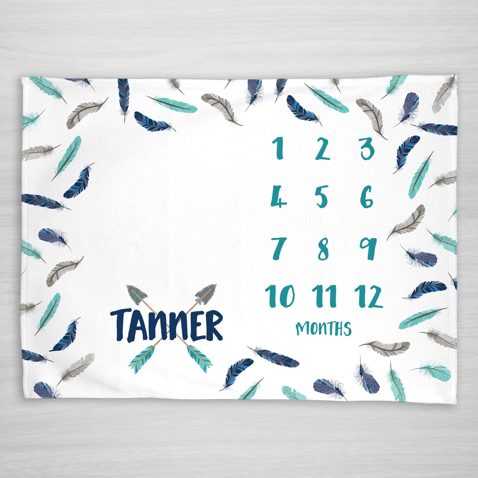 Feather And Arrows Boy Milestone Blanket in shades of blue and gray. Personalized with baby's name