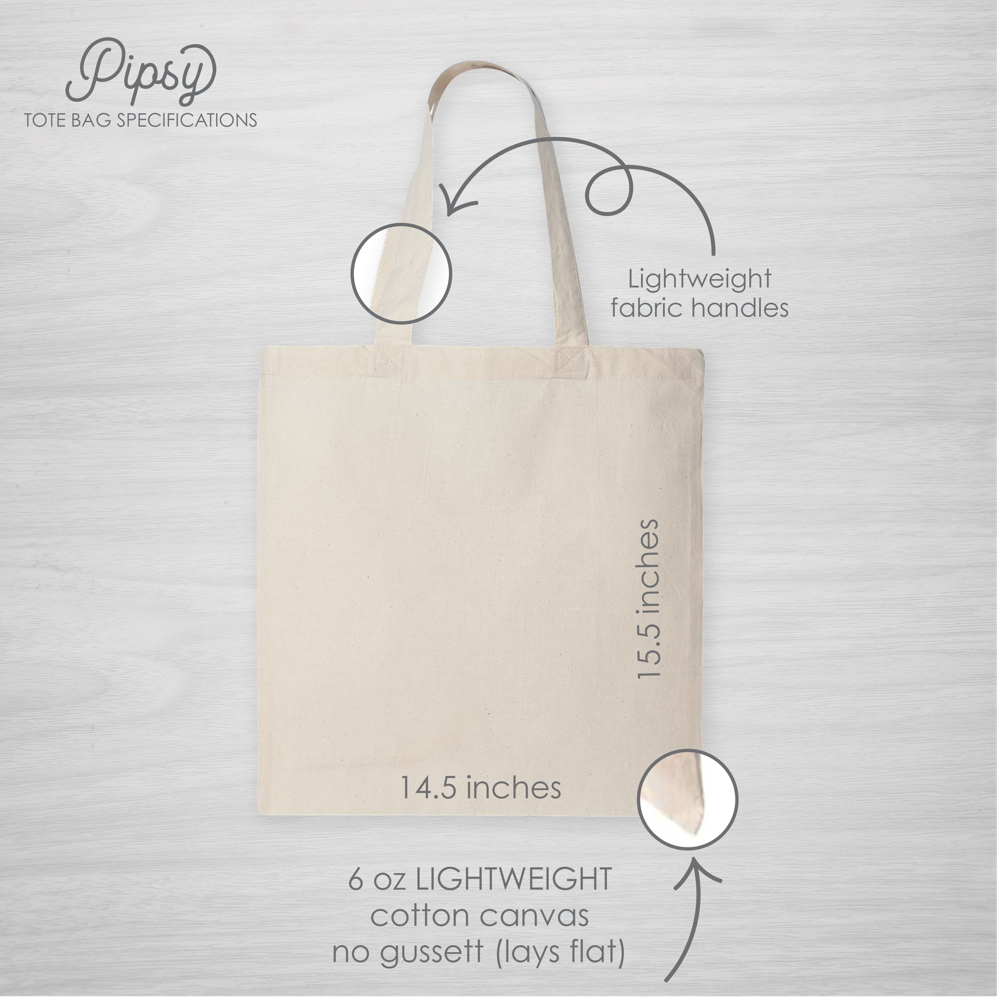 Pipsy Tote Bag Specifications and Sizes