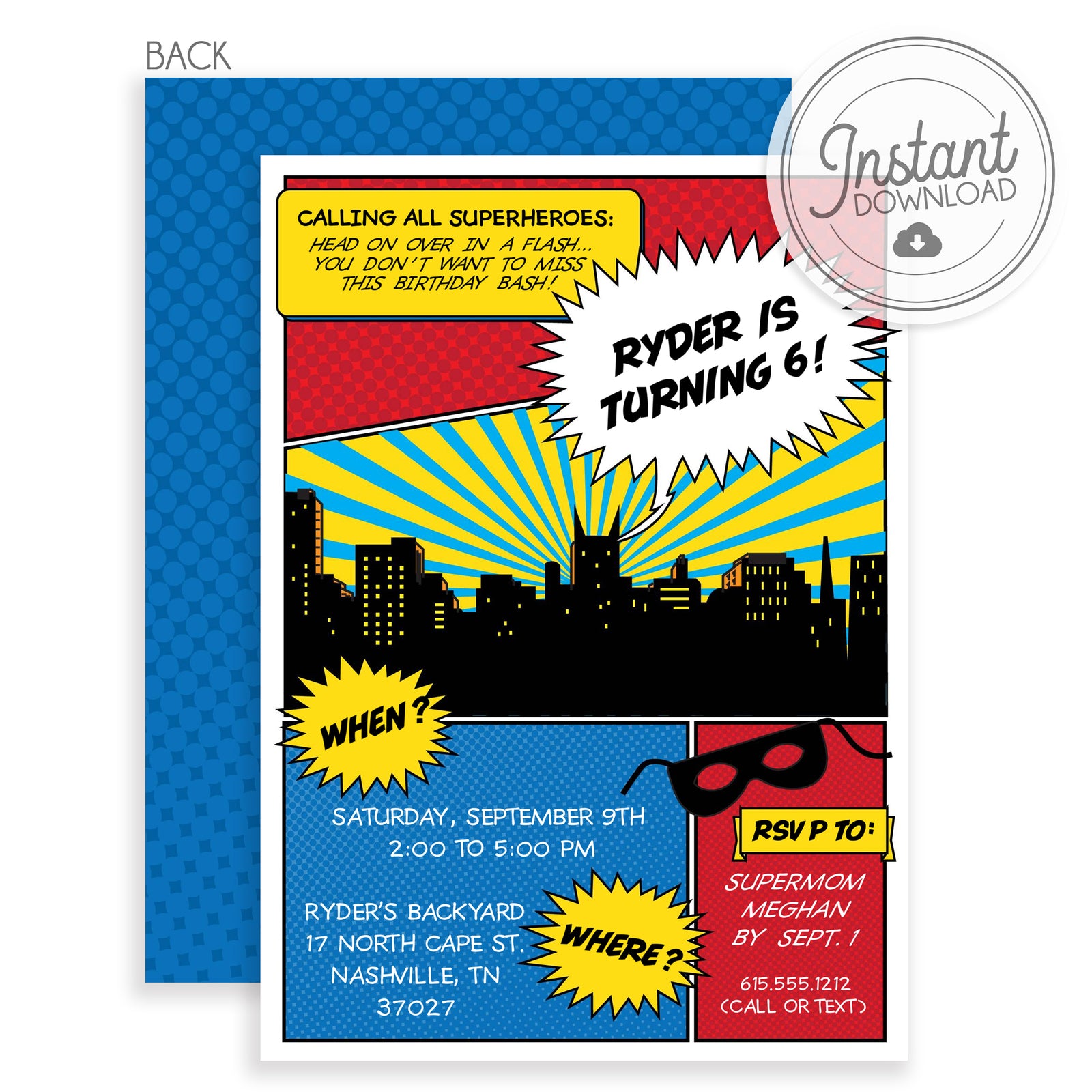 Superhero Birthday Invitation, DIY Instant Download, Edit and send today using templett.com, PIPSY