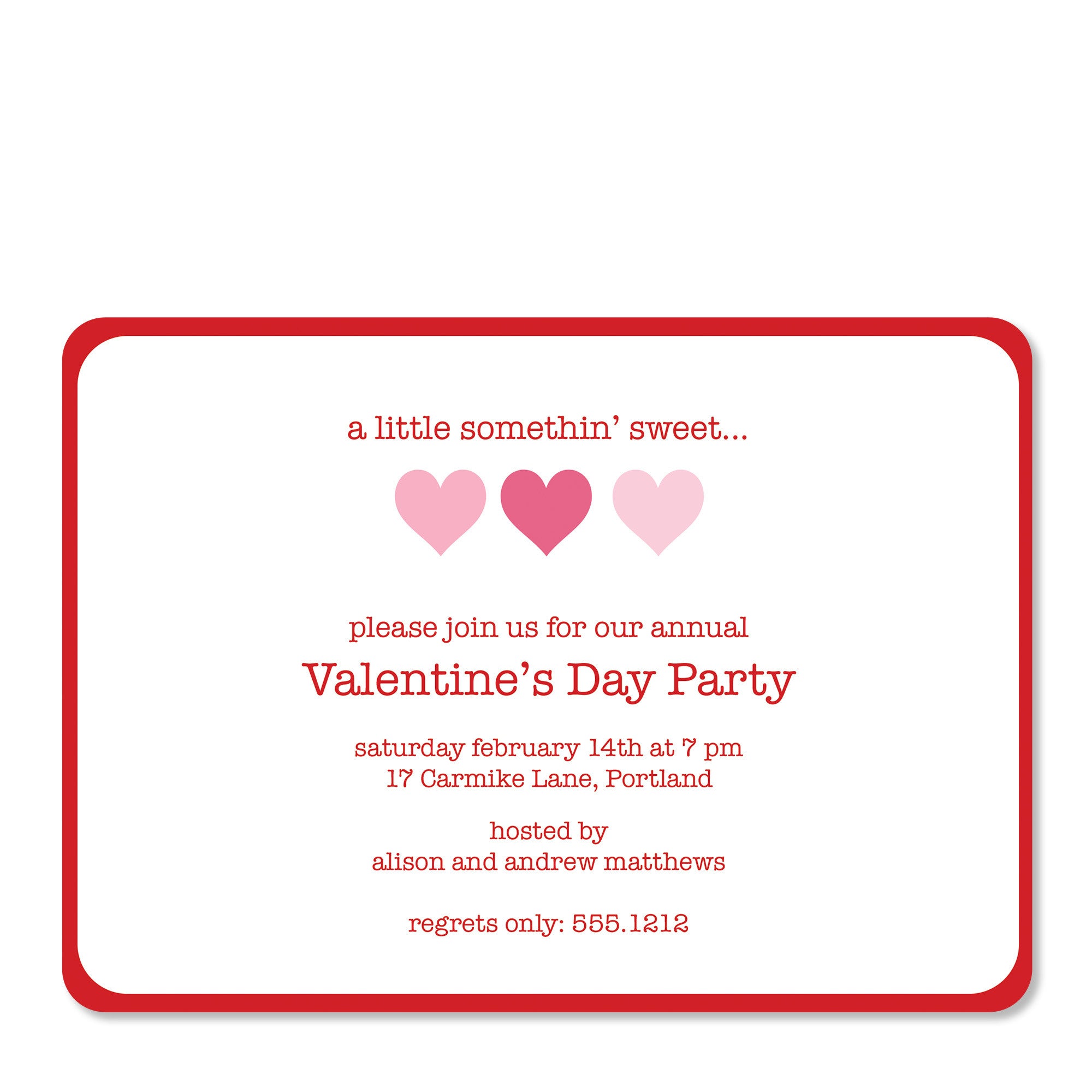 Valentine's Day Invitation, Printed on Heavy Cardstock, Design with 3 simple hearts, Pipsy.com (front view)