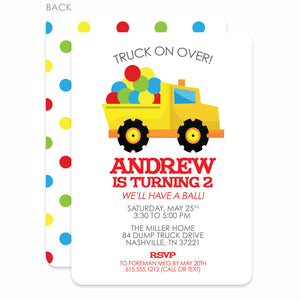 Dump Truck and Ball Birthday Invitation | Pipsy.com | Red, Blue & Green, printed on thick cardstock and comes with envelopes