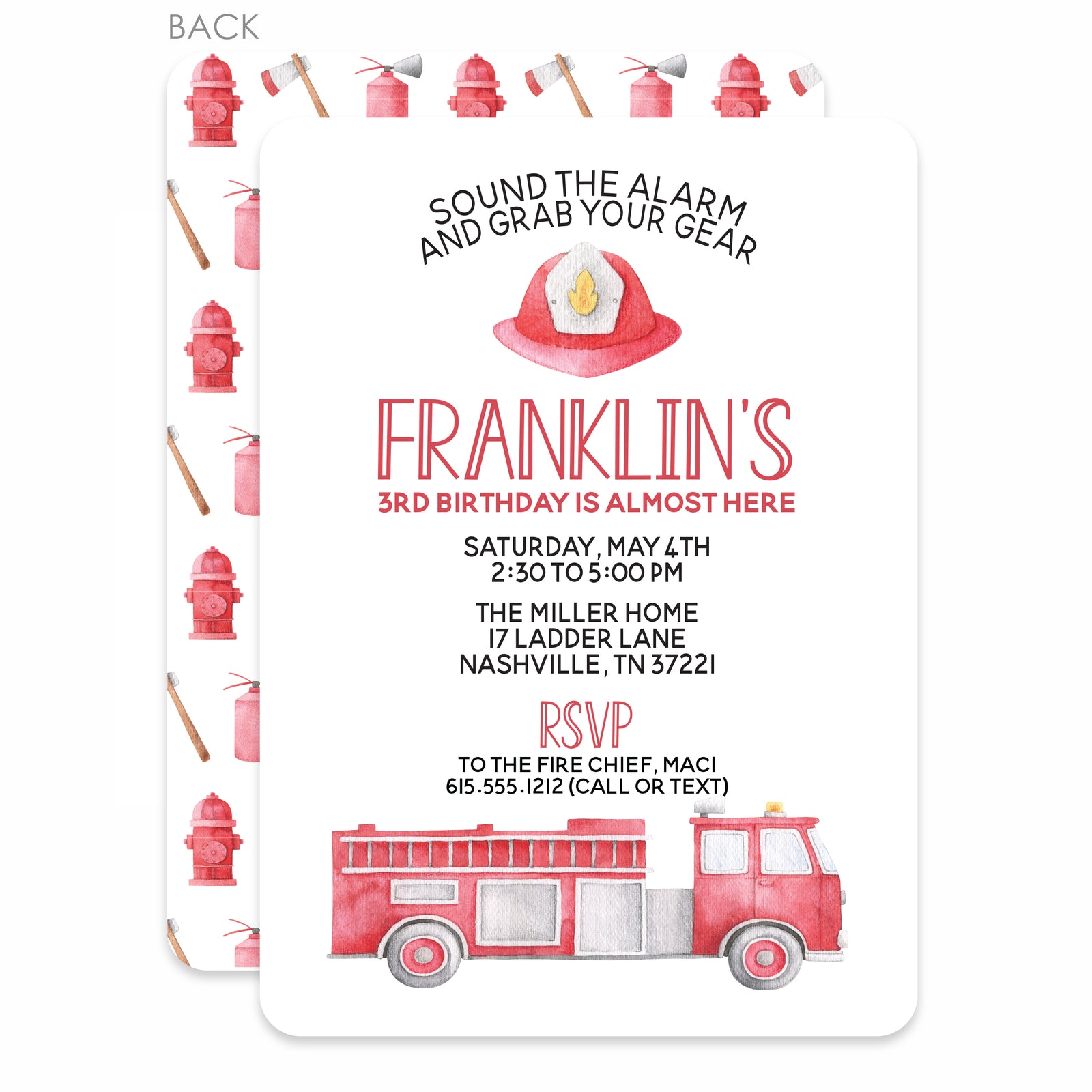 Firetruck birthday invitation - watercolor design. Printed on thick cardstock, with the option to upload a photo to the back side